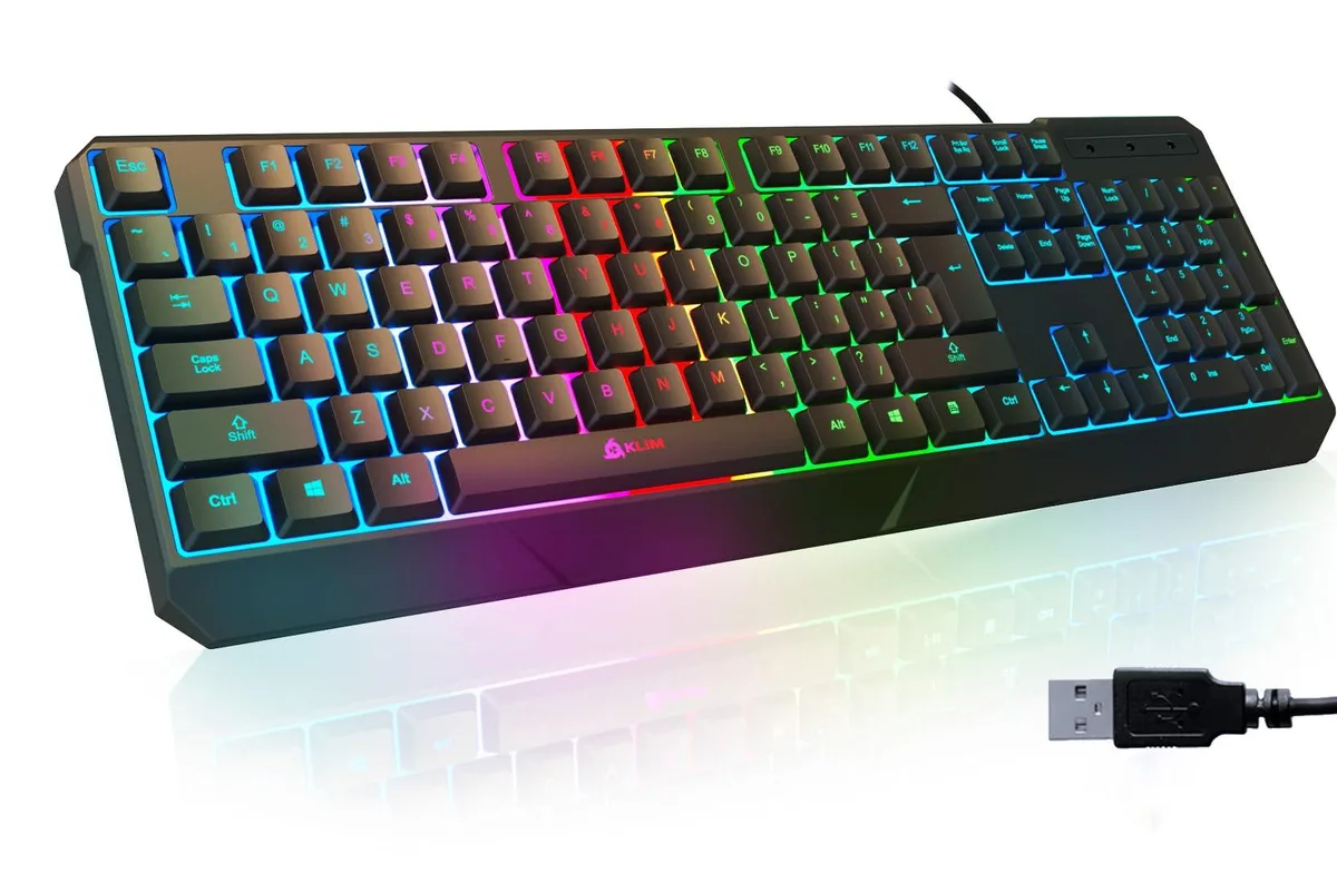Black membrane gaming keyboard with RGB backlighting and low-profile keys