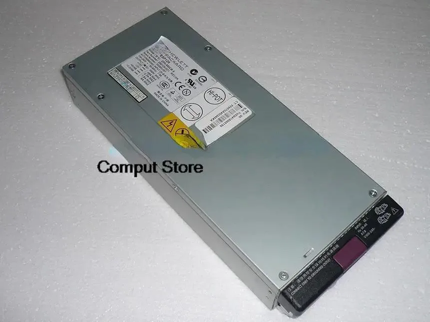 Silver rectangular server power supply unit with front grille and rear connector panel