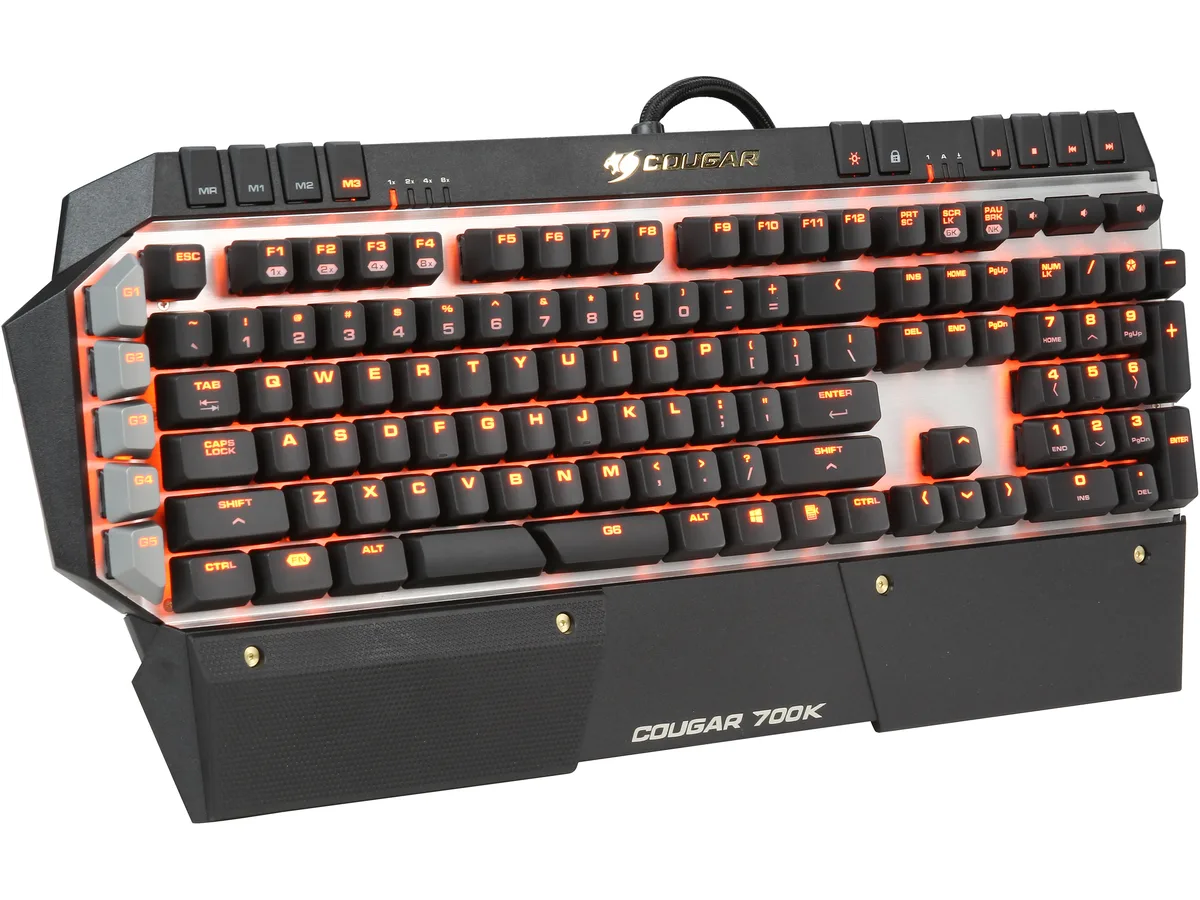 Black mechanical gaming keyboard with brushed aluminum frame, detachable palm rest and red backlit keys