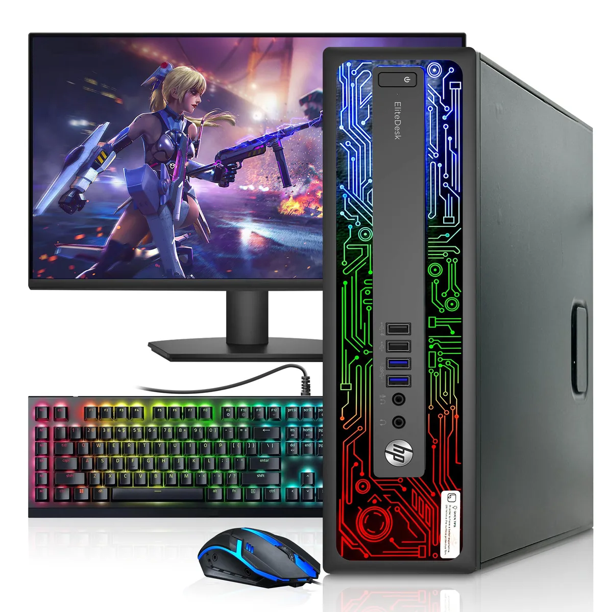 Small black desktop tower with 24-inch monitor, RGB keyboard and mouse