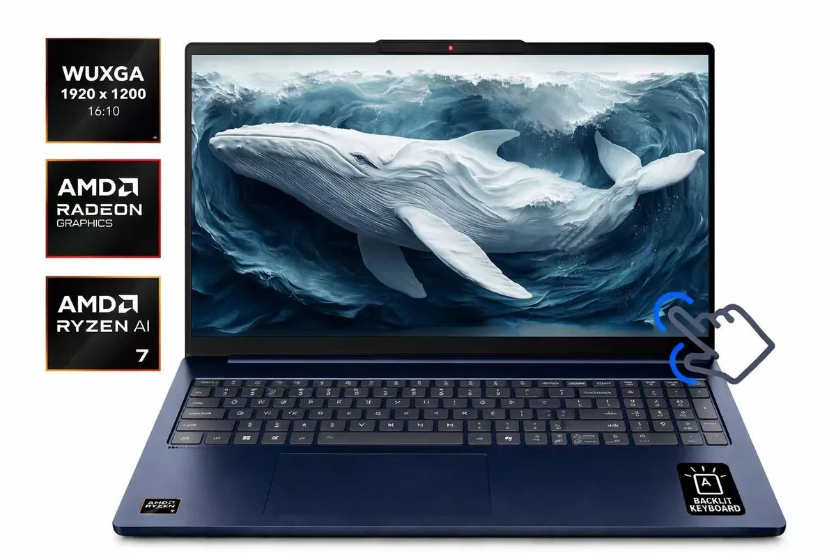 Blue 16-inch touchscreen laptop with slim profile