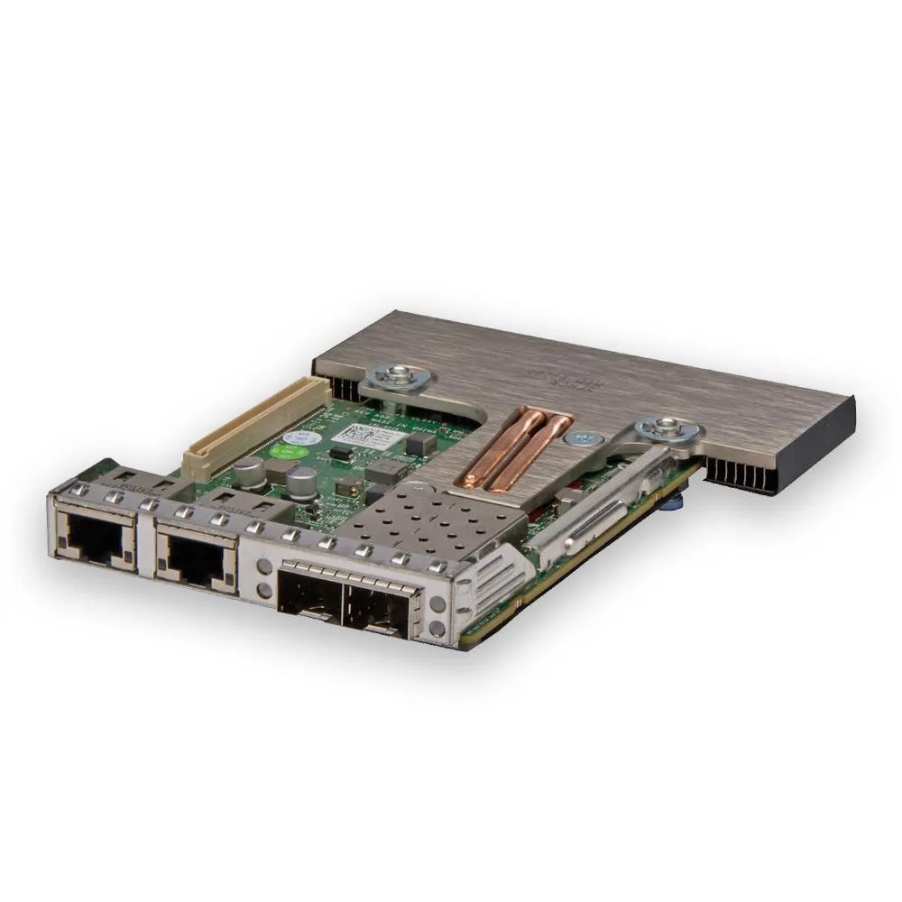 Green rectangular circuit board with four SFP+ cages and gold edge connector