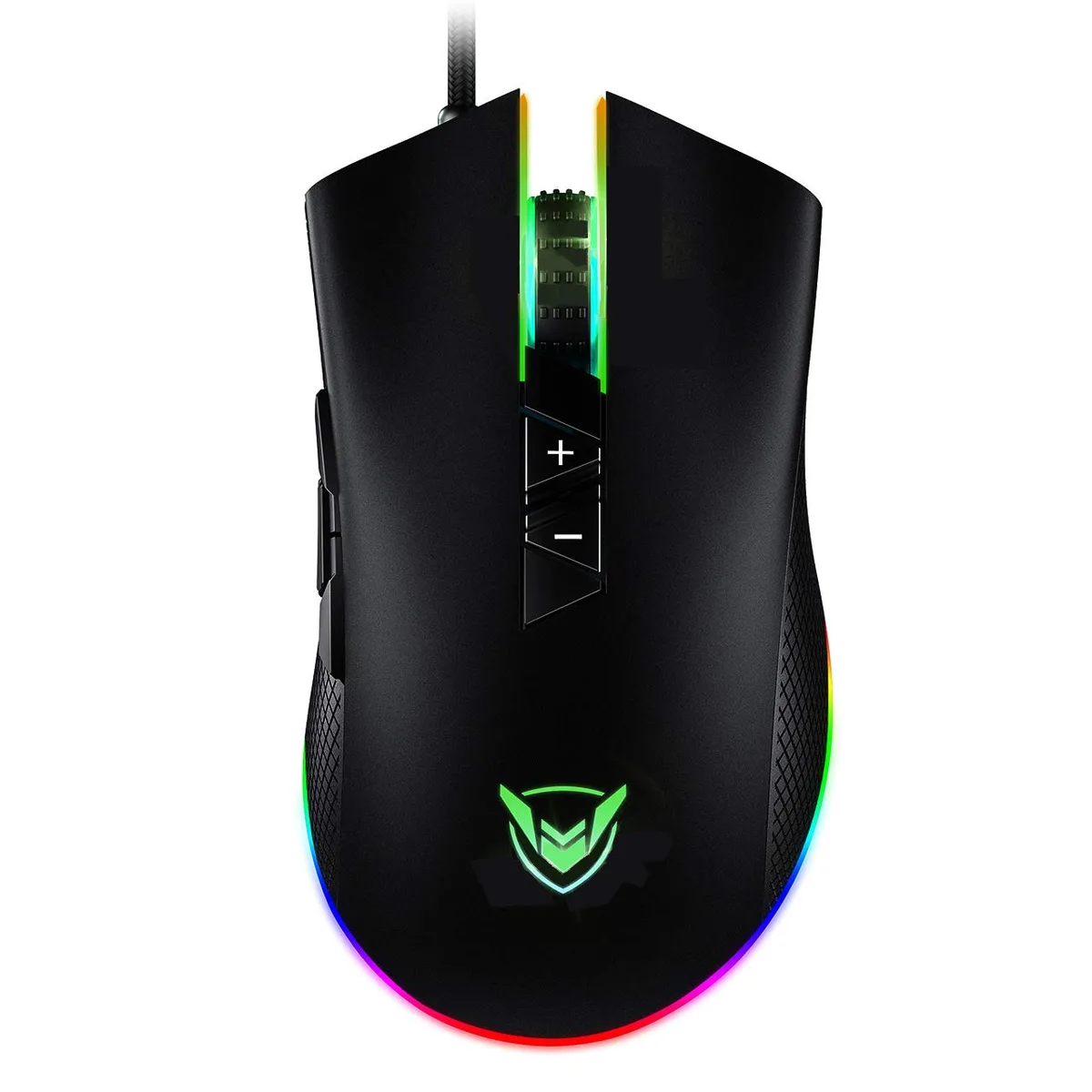 Wired gaming mouse, matte black finish, right-handed ergonomic shape with eight buttons and RGB lighting