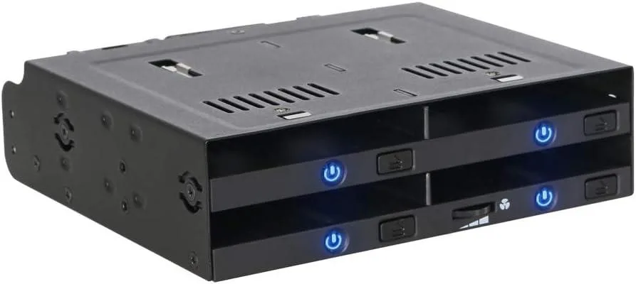 Black metal 4-bay 2.5 inch drive enclosure with fan and power buttons