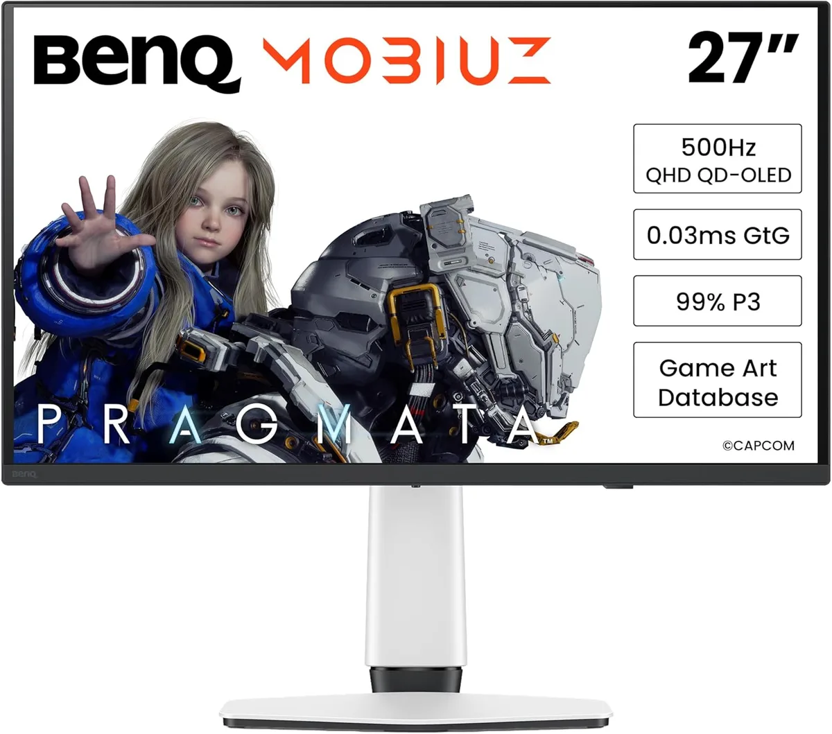 White flat 26.5 inch IPS gaming monitor with thin bezels and tilt stand