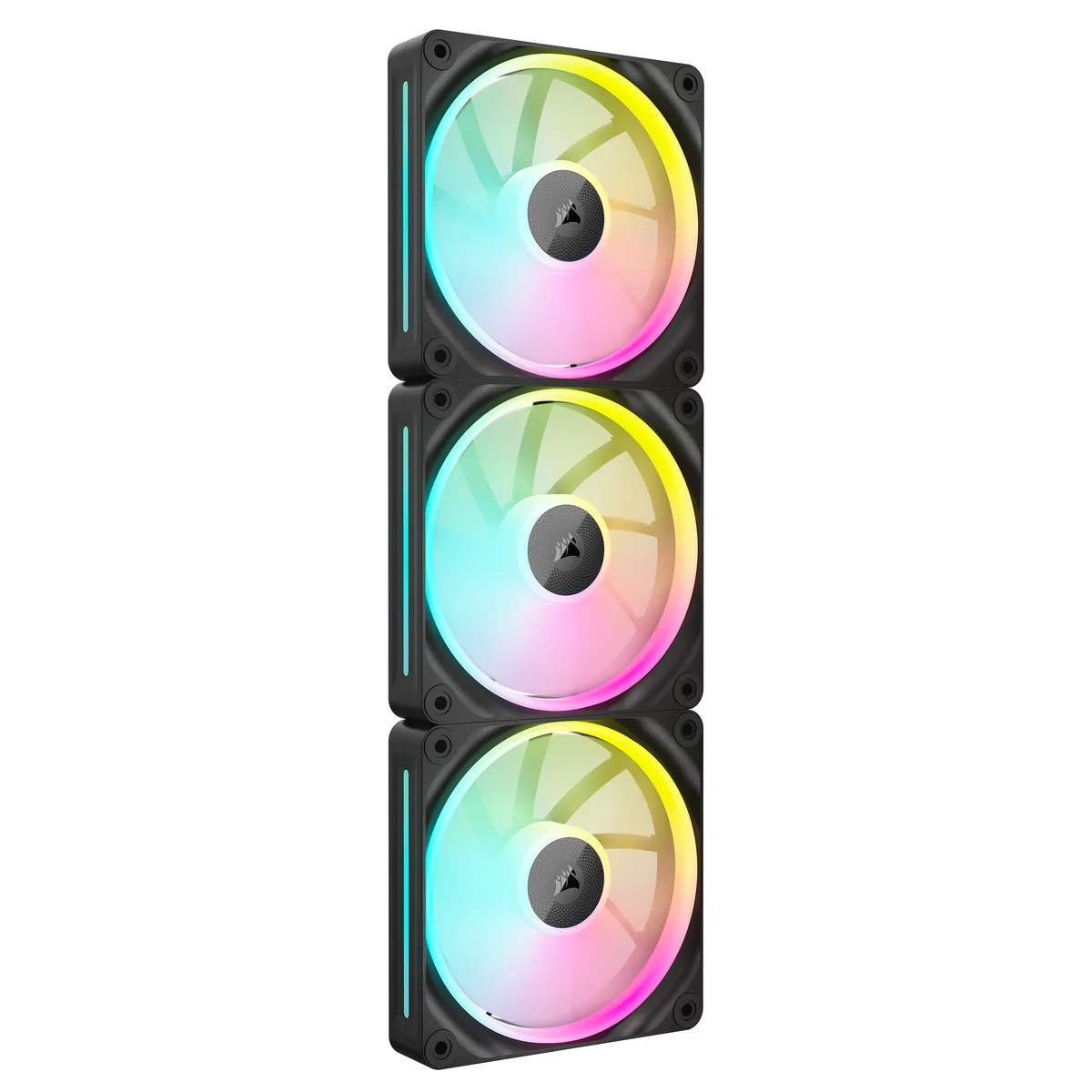 Three black 120mm RGB case fans with dual light loops, magnetic dome bearings and QuikTurn screws shown with hub and cables