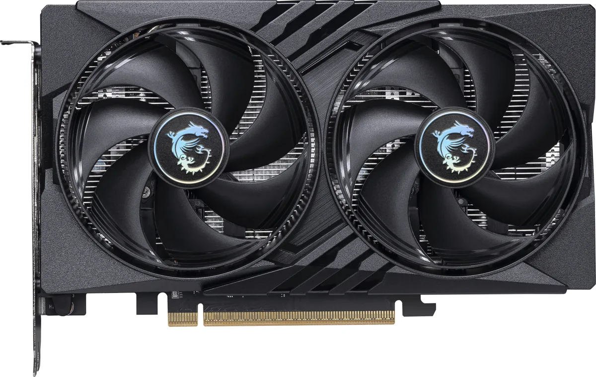 Black dual-fan graphics card, compact rectangular shape, matte finish