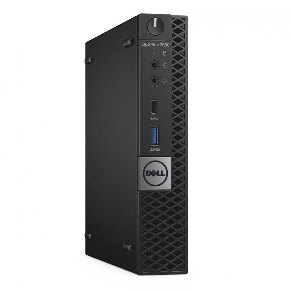 Black micro tower desktop with wired keyboard and mouse