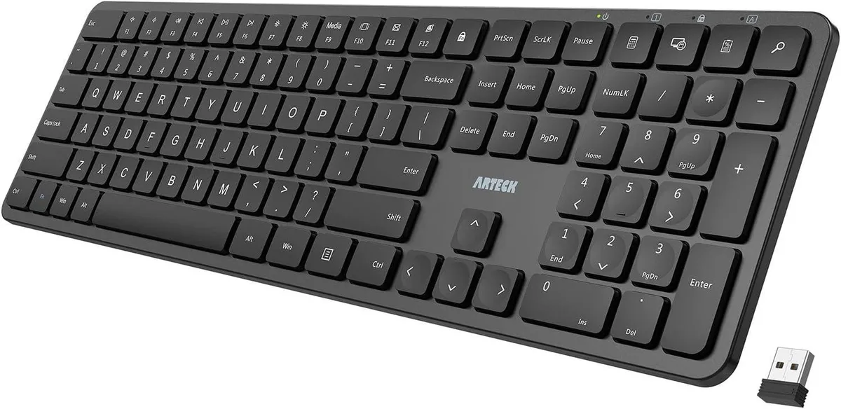 Ultra-slim full-size wireless keyboard with numeric keypad, 0.4in profile, foldable legs, nano USB receiver