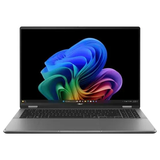 Silver 16 inch convertible laptop with 360 degree hinge and OLED touchscreen