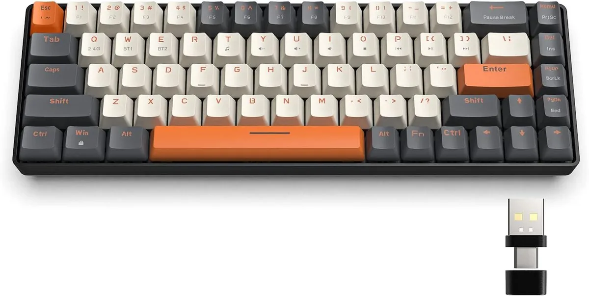 Compact 68-key wireless mechanical keyboard with matte double-shot keycaps and separate arrow keys