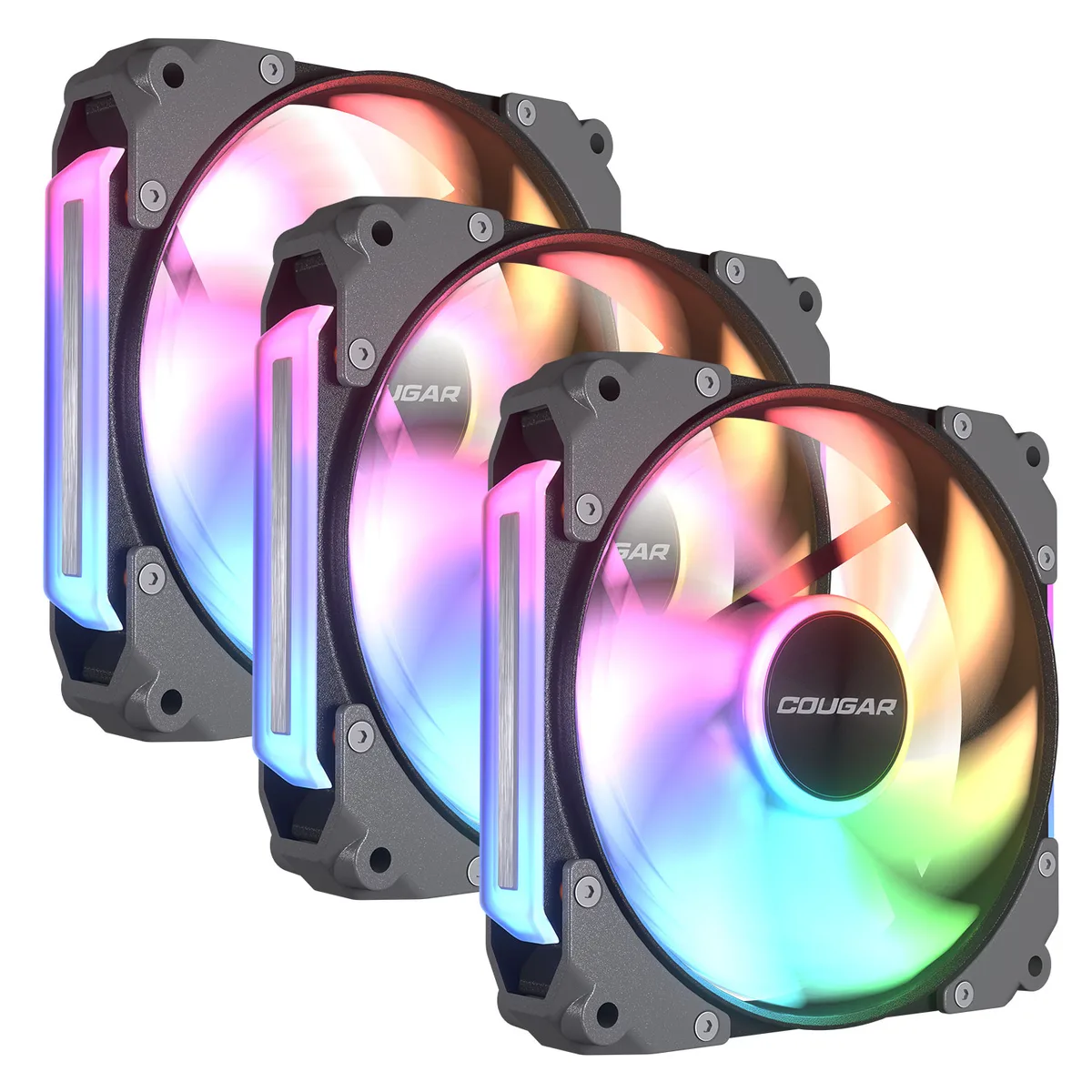 Three black 120 mm case fans with ARGB light bars, 28 mm thick, in a pack of three