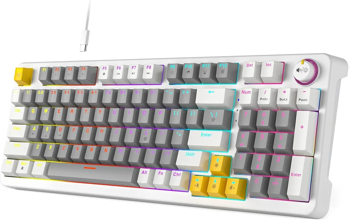 Grey compact 96-key mechanical keyboard with volume knob and RGB backlighting