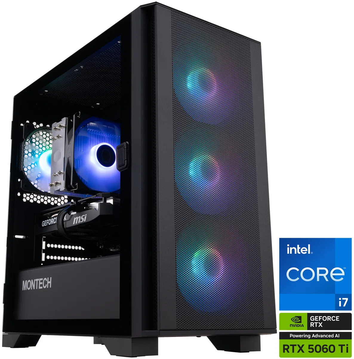 Black micro-ATX tower with ARGB lighting and side panel window