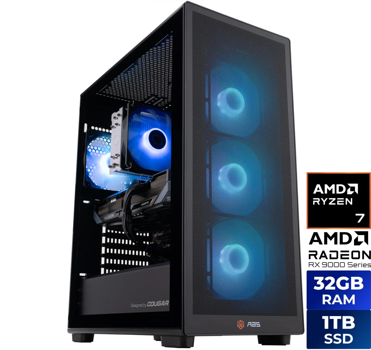 ABS Stratos II Ruby black mid-tower desktop with RGB memory and air cooler visible