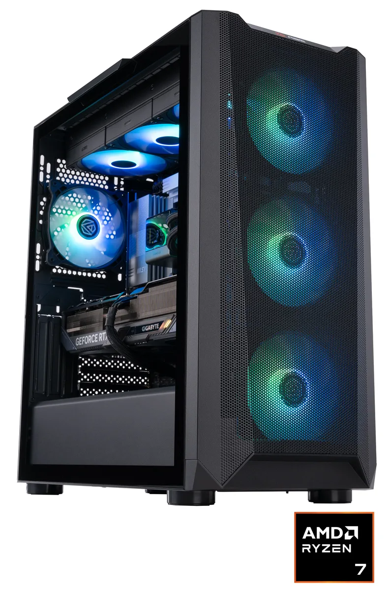 Black micro-tower gaming desktop with tempered glass side panel and RGB lighting visible inside