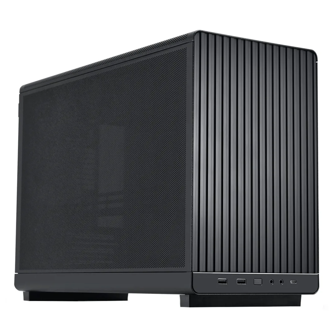 Rectangular black steel micro-ATX case with mesh side and top panels, front I/O cluster, no side window
