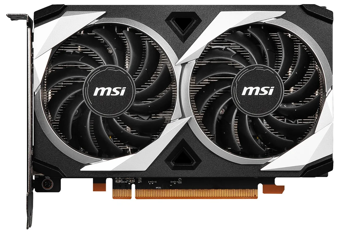 Black dual-fan graphics card with silver accents, PCIe bracket showing one HDMI and one DisplayPort