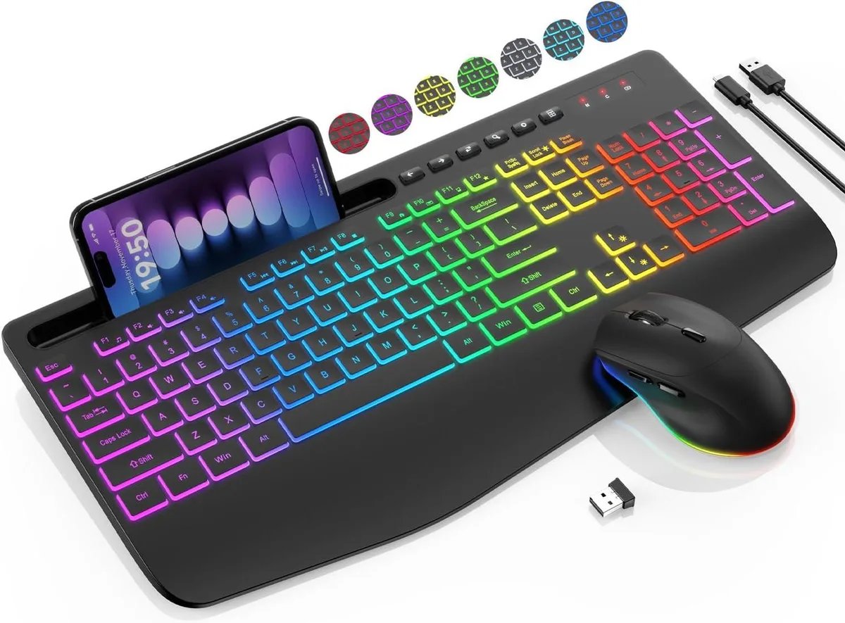 Full-size wireless keyboard with wide wrist rest and RGB backlighting