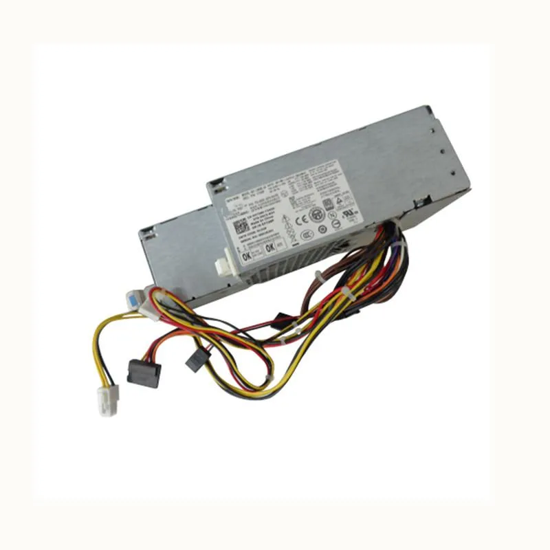 A silver metal ATX power supply unit with a cooling fan and power connector visible