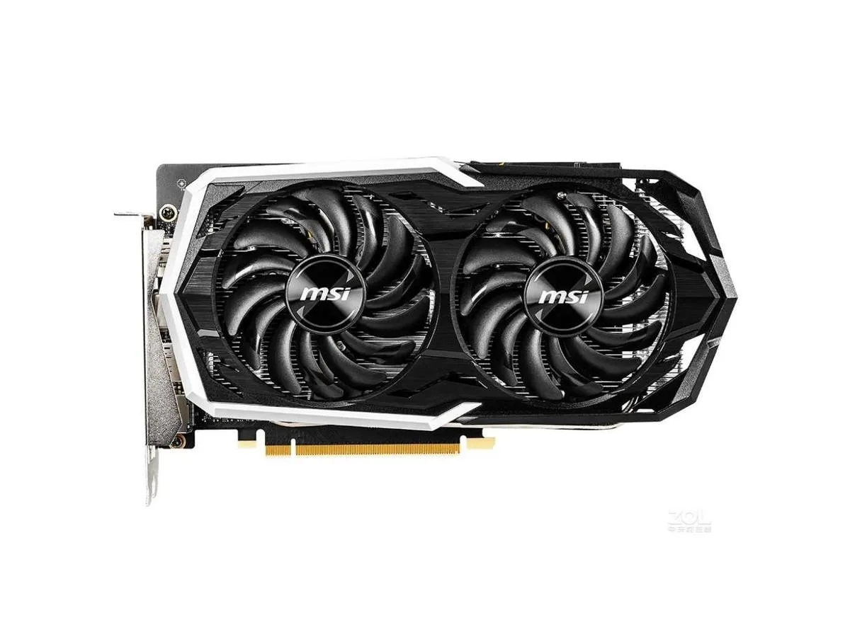 Black dual-fan graphics card with silver backplate