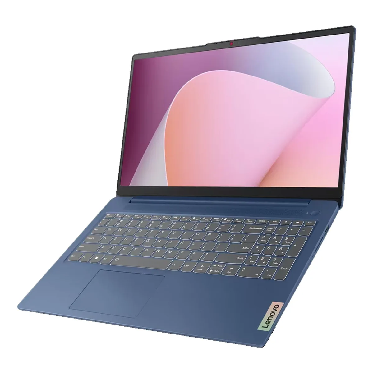 Silver 15-inch touchscreen laptop with slim profile and integrated webcam