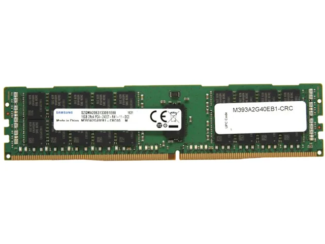 Green rectangular DDR4 memory module with black chips on both sides, gold contacts along bottom edge, no heat spreader