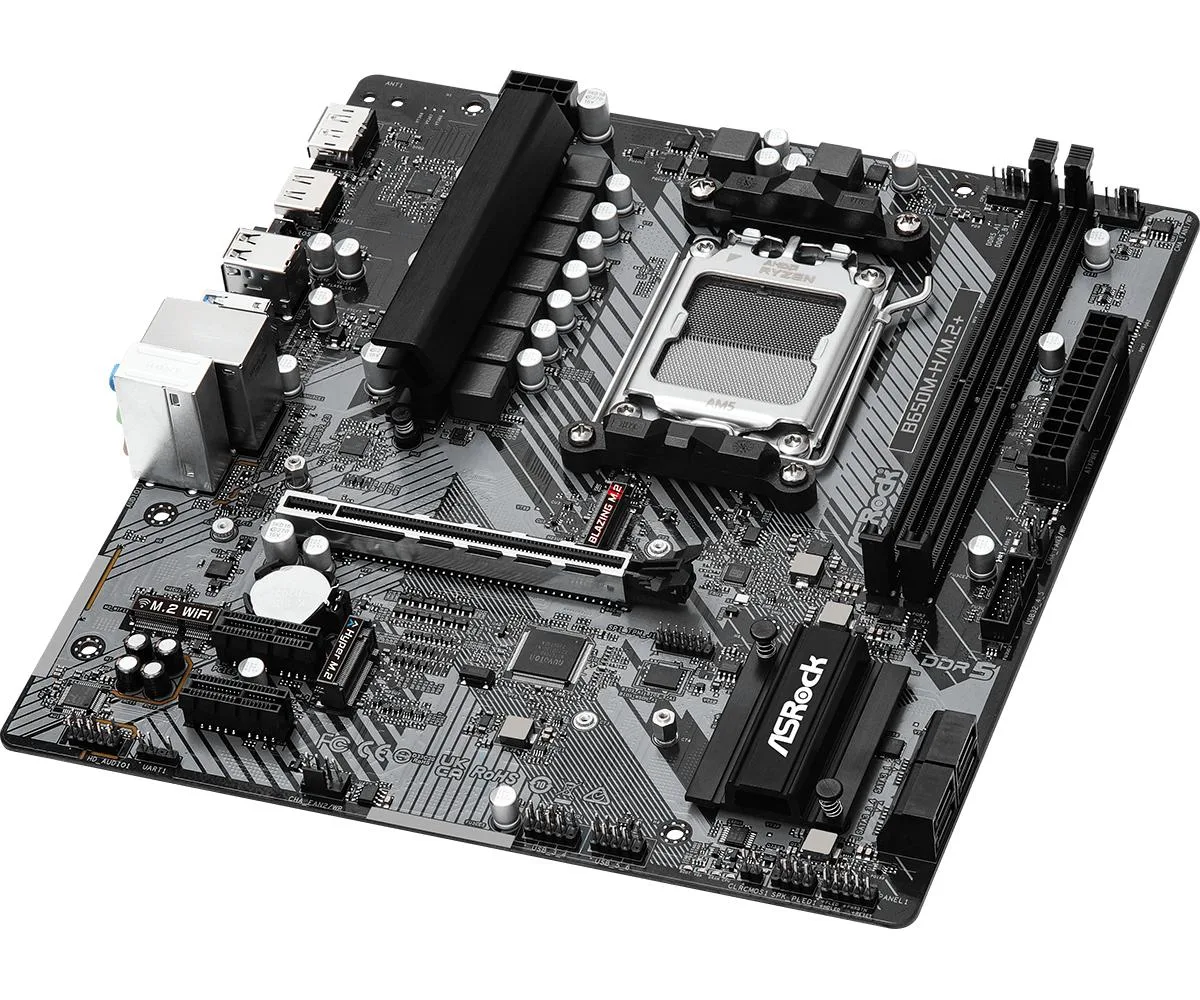 Micro-ATX motherboard in matte black with silver heatsinks