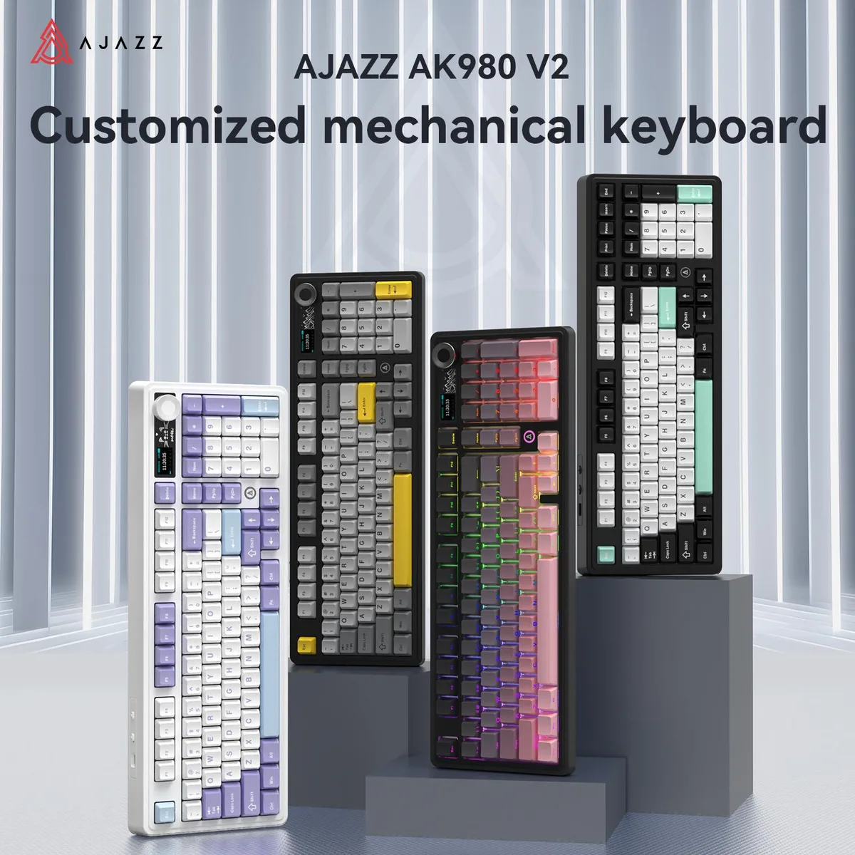 Compact 97-key gradient pink keyboard with metal knob and display screen