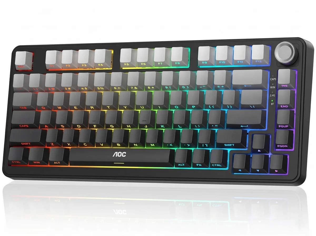 Black 75% wireless mechanical keyboard with control knob and RGB lighting