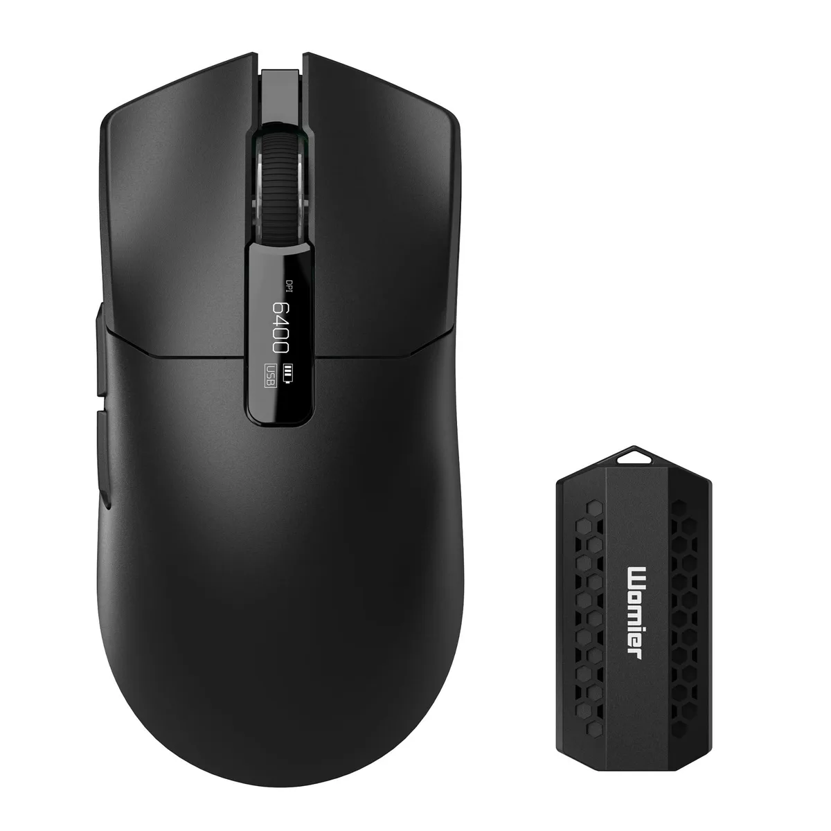 Black ergonomic gaming mouse with OLED display and 16 programmable buttons