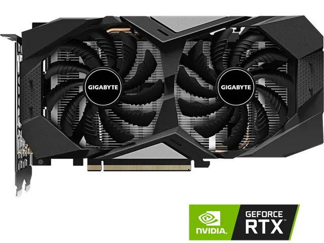 Black dual-fan graphics card with metal backplate, two-slot ATX form factor