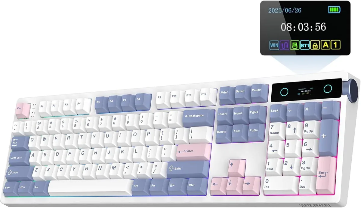 usbroway usbroway TH108 PRO Full Size Mechanical Gaming Keyboard with Screen & Knob, 10000mAh, White Sea Salt Silent — Produktfoto