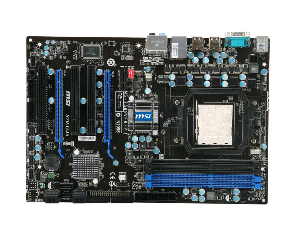 ATX motherboard in black with silver heatsinks and blue slots