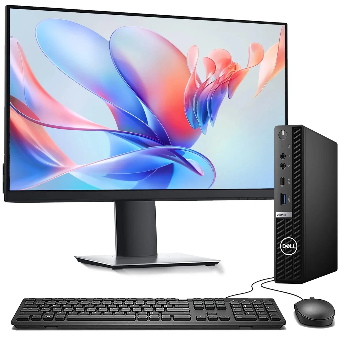 Small black desktop tower beside 22-inch monitor with keyboard and mouse