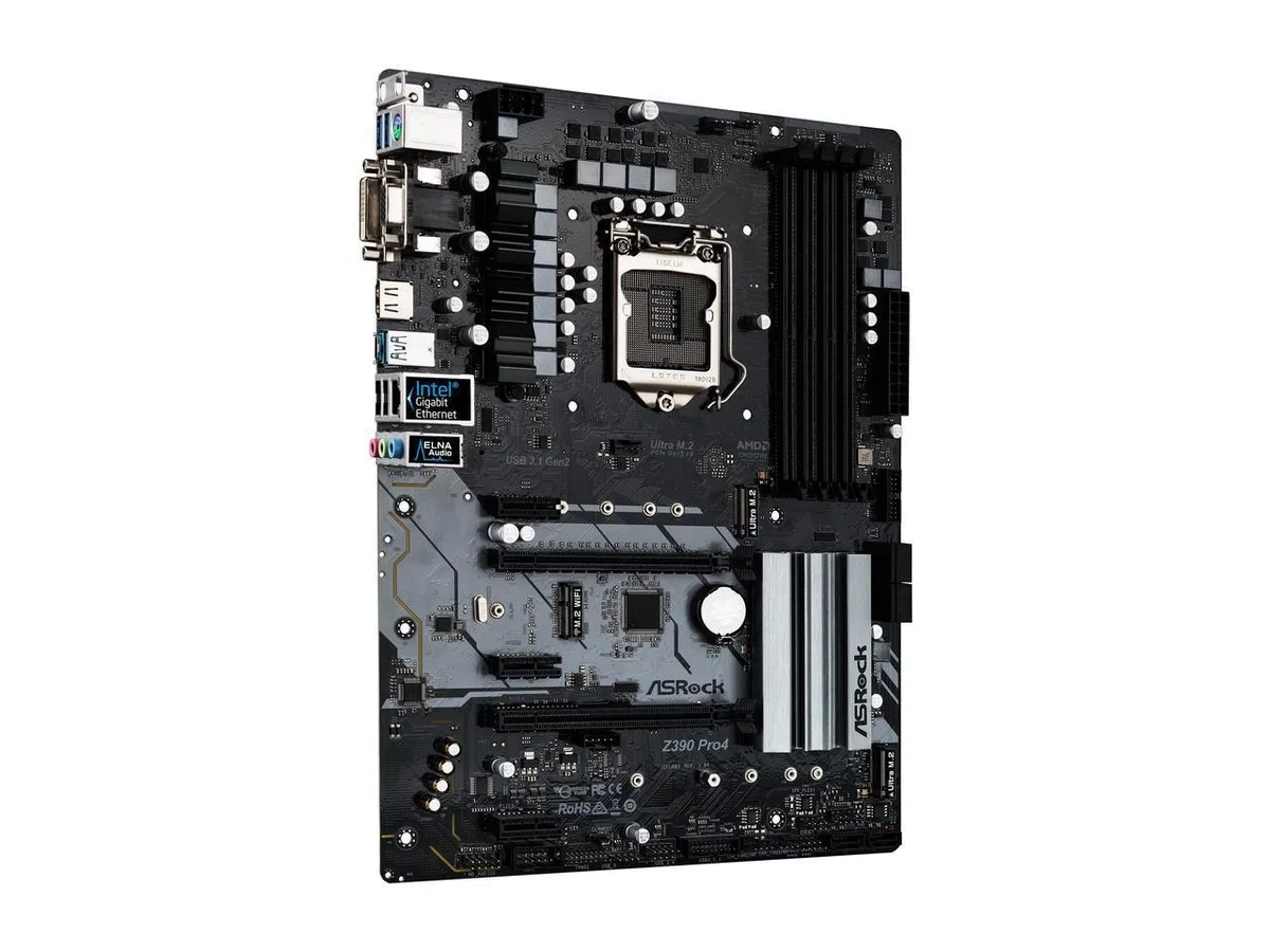 Black ATX motherboard with silver heatsinks, four DDR4 slots, two full-length PCIe x16 slots, and rear I/O panel with HDMI, DVI-D