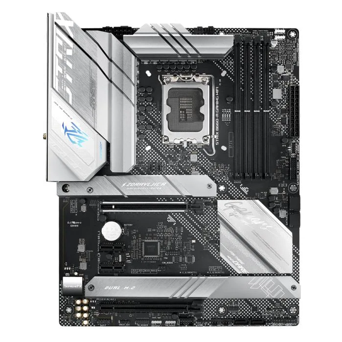 ATX motherboard with black heatsinks, silver accents and RGB lighting
