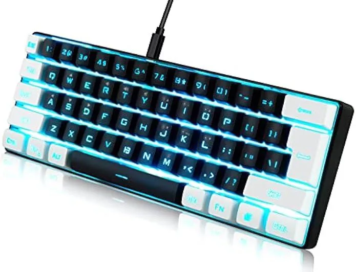 Compact 61-key wired gaming keyboard in black and white with RGB backlighting and detachable USB-C cable
