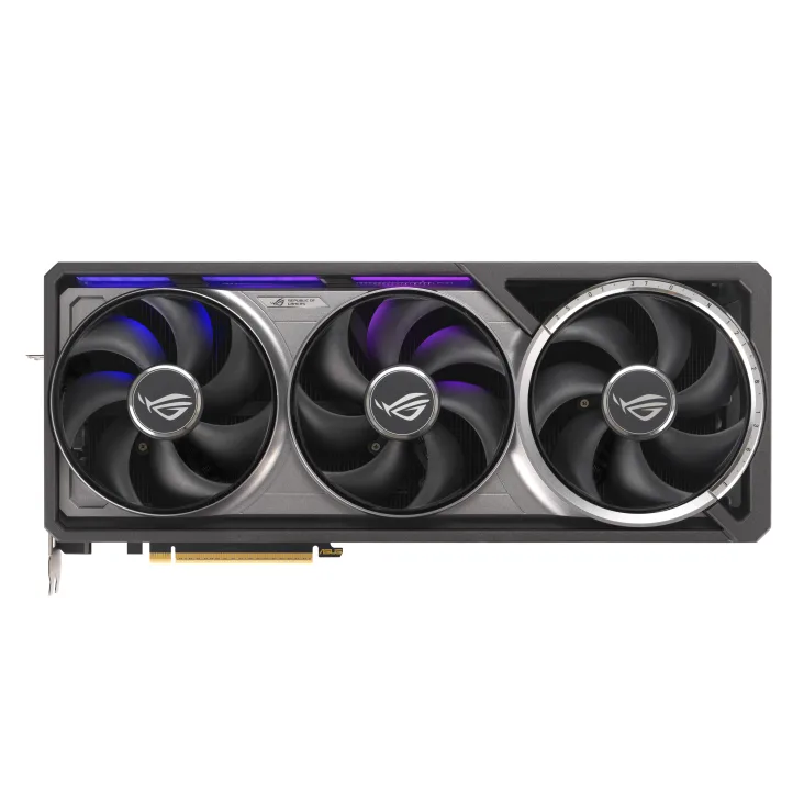 Black graphics card with four fans and angular metal shroud