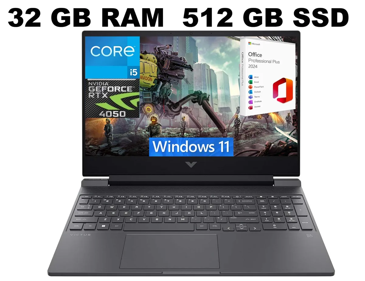 Black 15.6 inch gaming laptop with thin bezel display and backlit keyboard