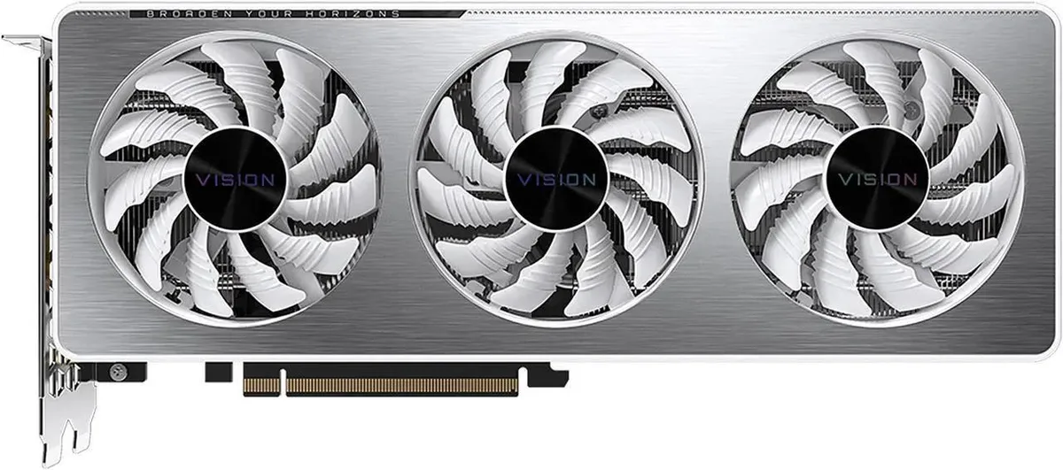 Silver triple-fan graphics card with black accents, dual HDMI and dual DisplayPort outputs