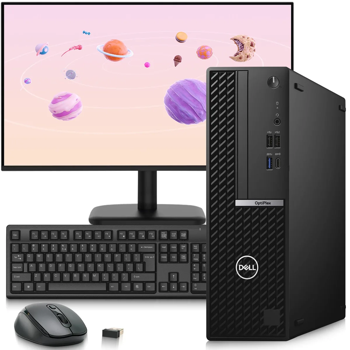 Small black desktop tower with 24 inch monitor