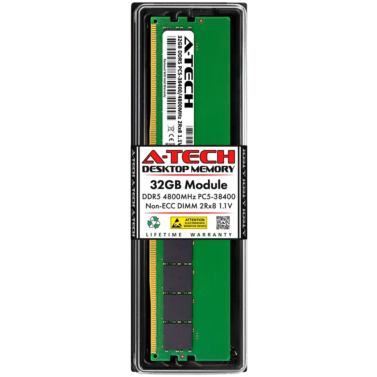 Green printed circuit board with black memory chips and gold edge connectors, 288-pin DIMM form factor