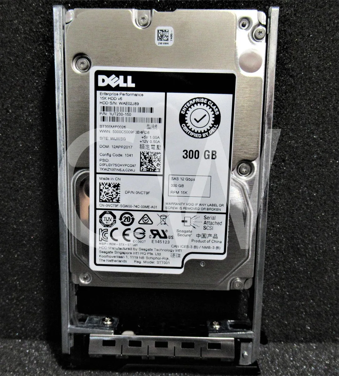 Silver 2.5 inch SAS hard drive with black tray attached