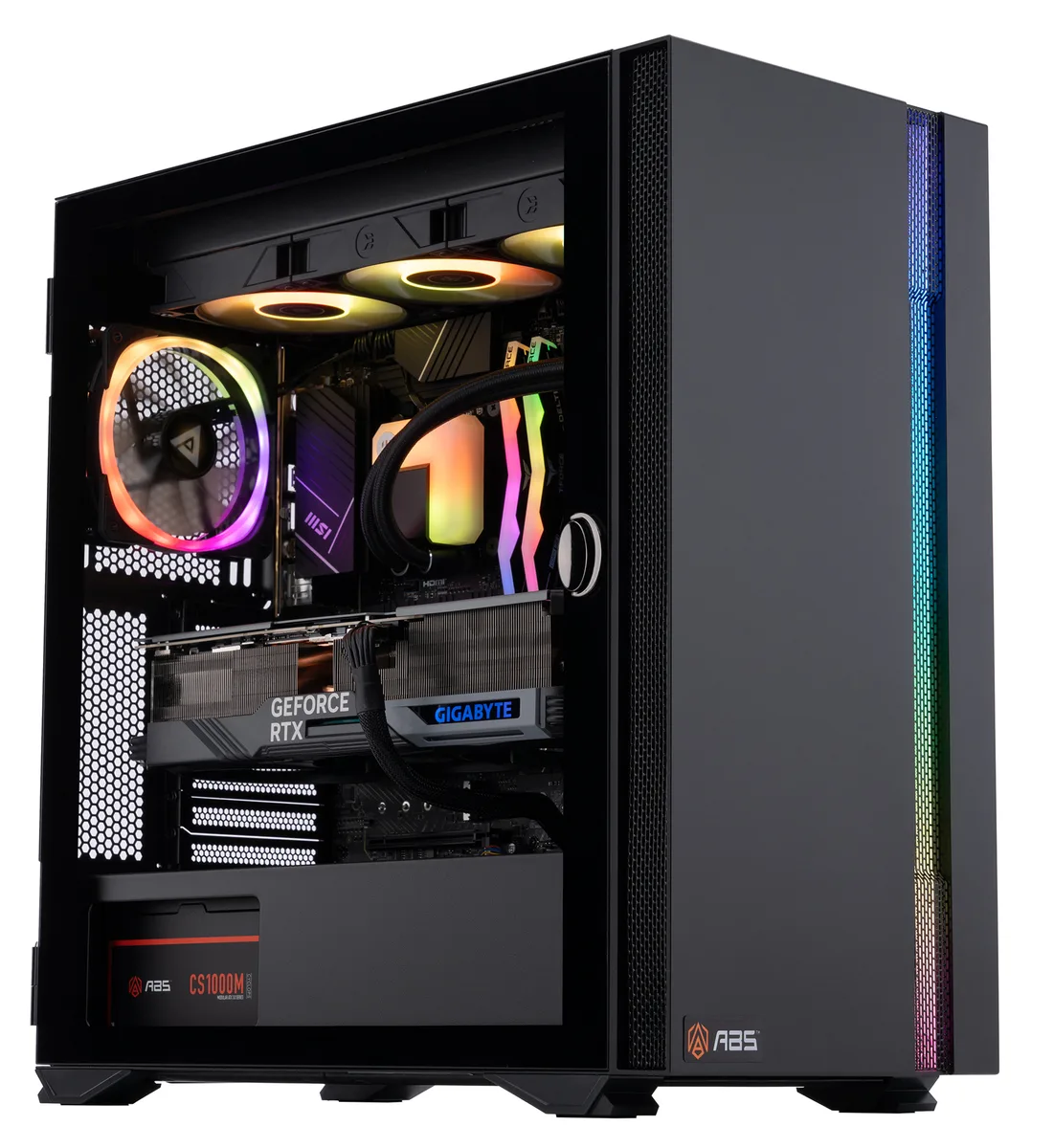 Black mid-tower gaming desktop with RGB-lit liquid cooling and tempered-glass side panel
