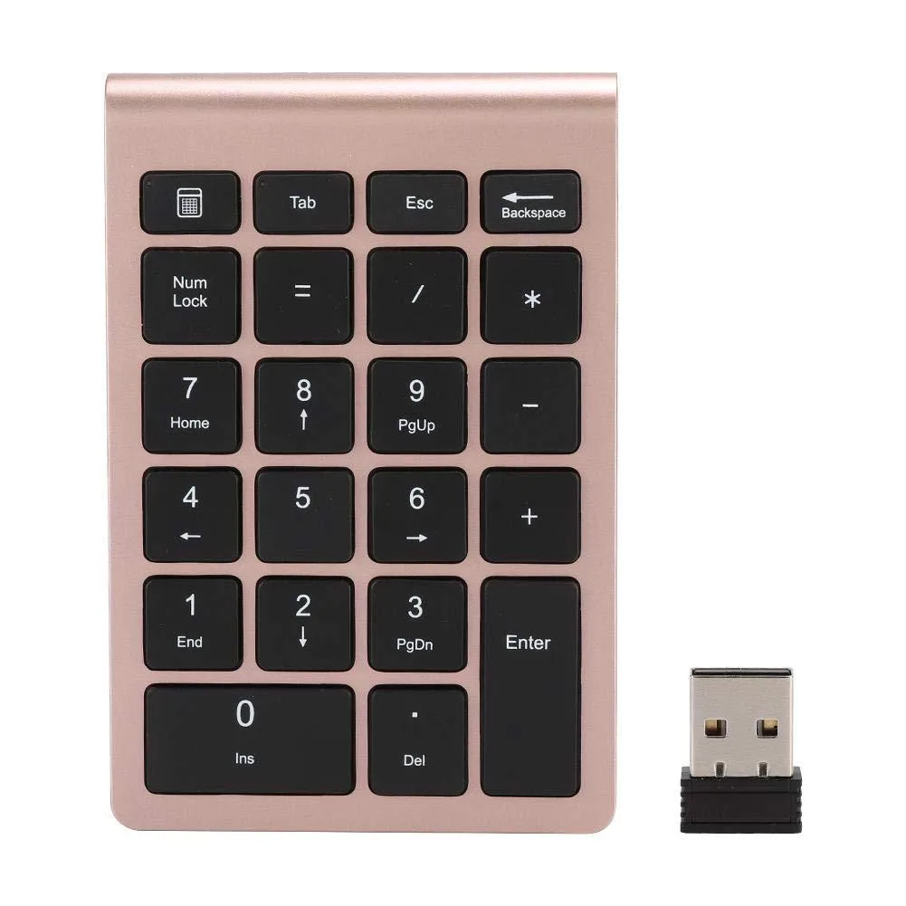 Compact 22-key wireless numeric keypad in rose gold finish with USB receiver