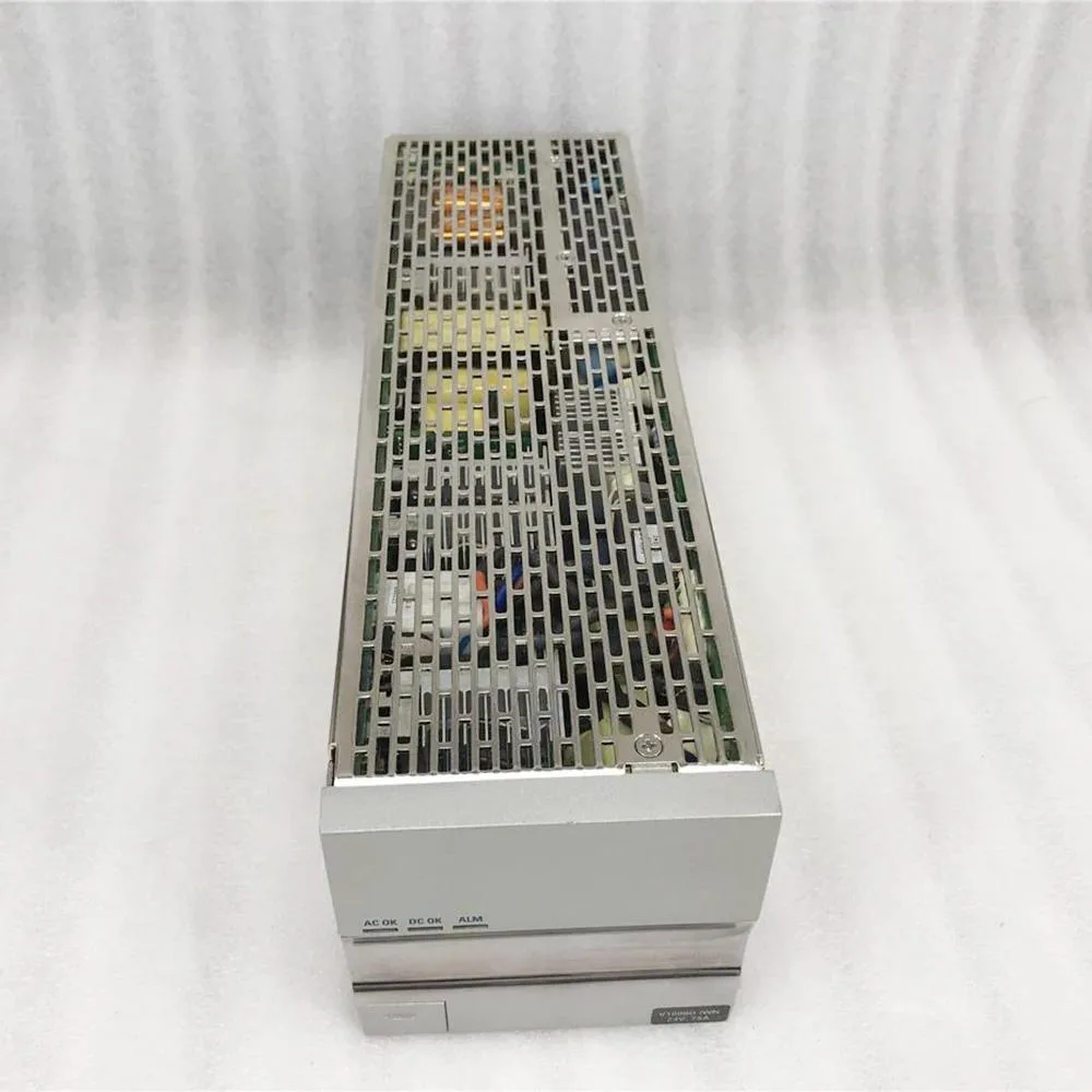 Rectangular silver metal power supply unit with ventilation grilles and label showing 24V 75A 1500W