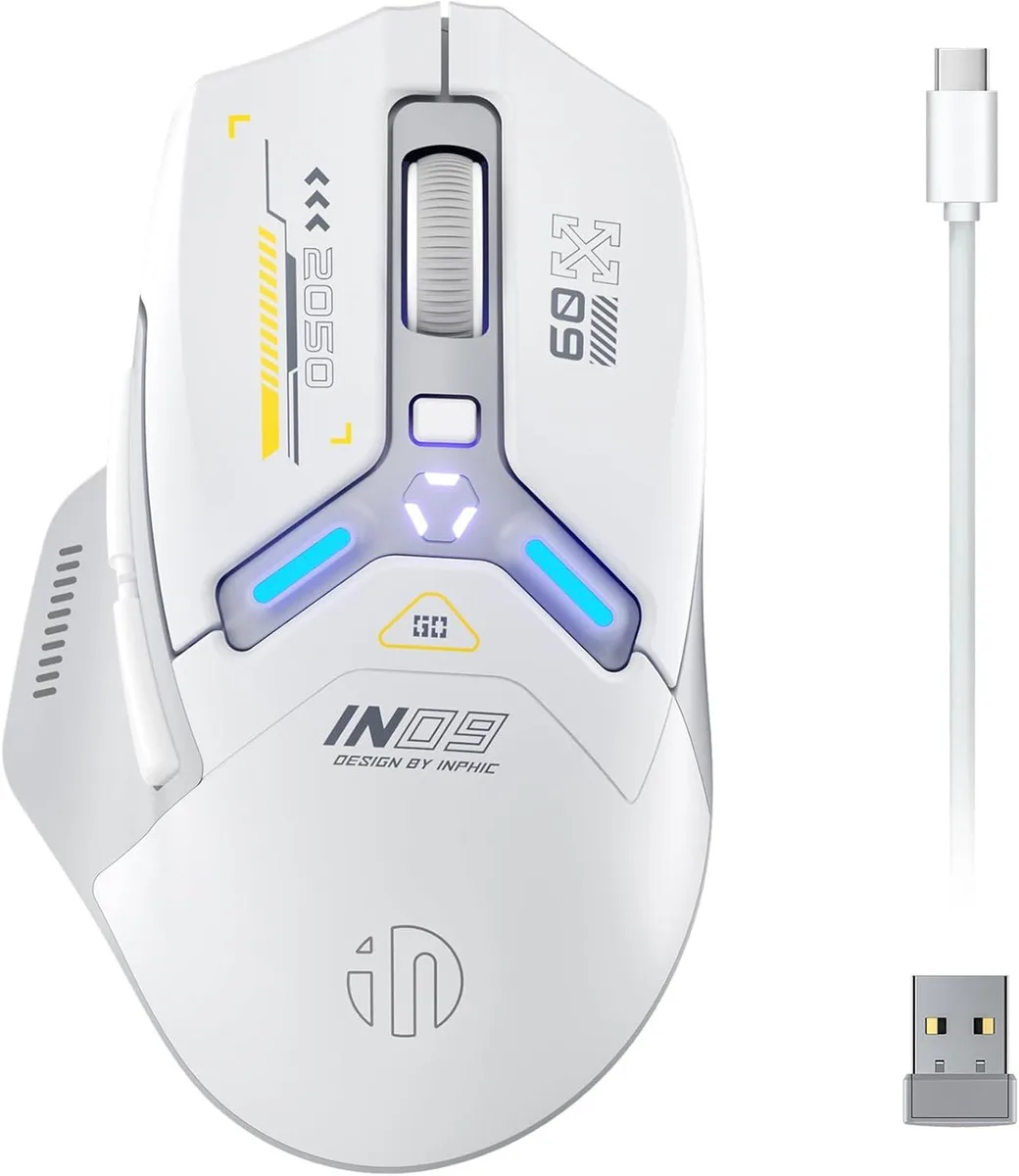Grey ergonomic gaming mouse with textured thumb grip and scroll wheel