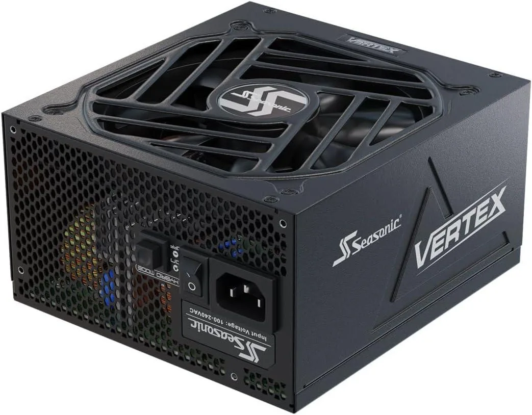 Rectangular ATX power supply unit in matte black finish with gold efficiency badge