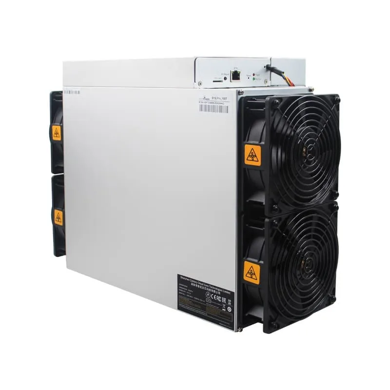 Rectangular metal mining unit with front grille and rear power sockets